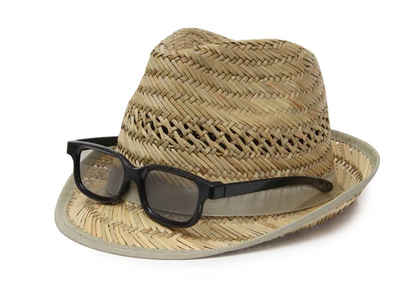 Sombrero Paja Estilo Retro Gafas Sol Objetos Aislados Sobre Fondo — Foto de Stock