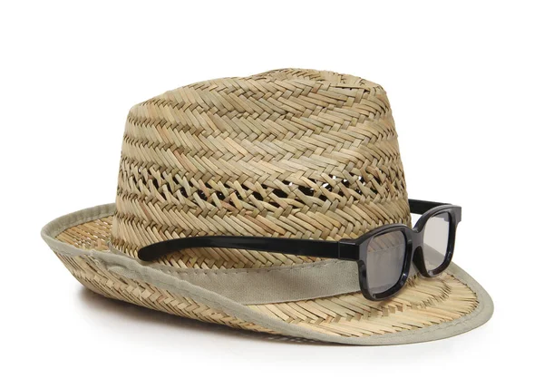 Sombrero Paja Estilo Retro Gafas Sol Objetos Aislados Sobre Fondo — Foto de Stock