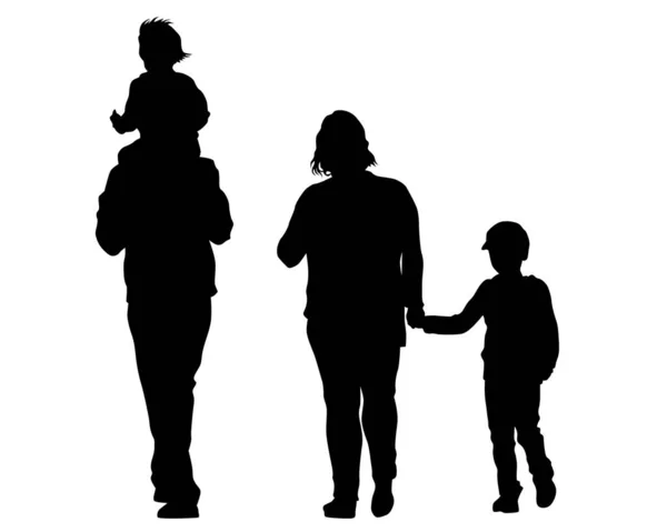 Families Little Child Walking Street Isolated Silhouettes People White Background — Stock Vector