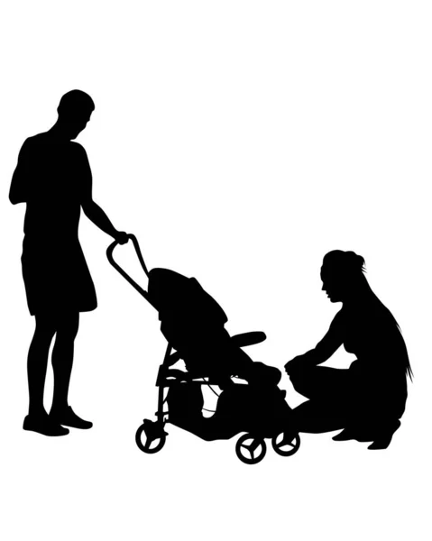 Familles Avec Petit Enfant Marchant Dans Rue Silhouettes Isolées Personnes — Image vectorielle