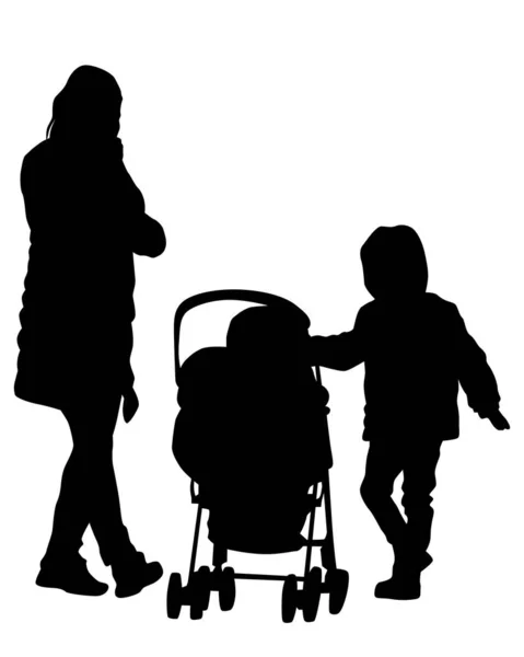 Maman Avec Petit Enfant Calèche Marchant Dans Rue Silhouettes Isolées — Image vectorielle