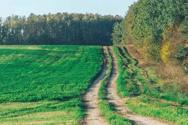 October 2018 Novogrudok Belarus Castle Road Man Running Trail Field — Stock Photo, Image