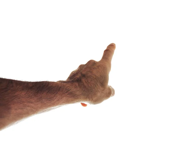 Tiro Recortado Mão Masculina Aponta Dedo Isolado Branco — Fotografia de Stock