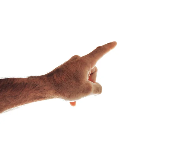 Tiro Recortado Mão Masculina Aponta Dedo Isolado Branco — Fotografia de Stock