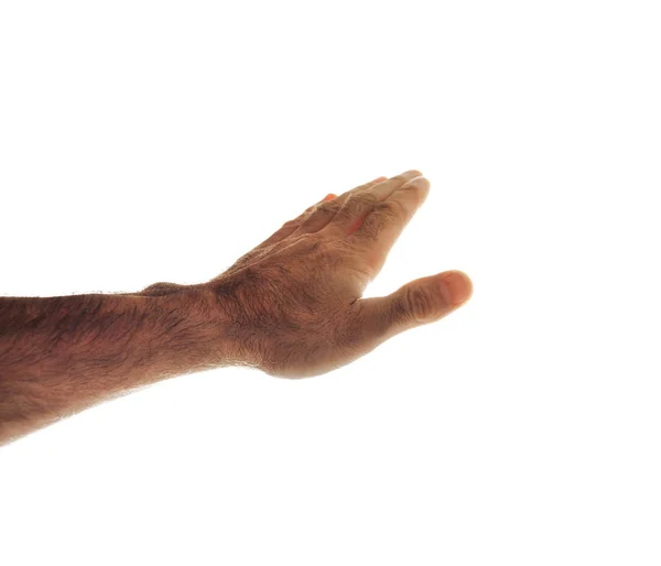 Bijgesneden Schot Van Mannenhand Toont Palm Geïsoleerd Wit — Stockfoto