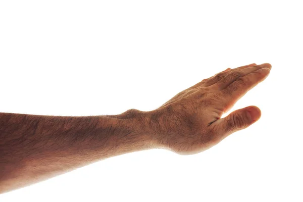 Bijgesneden Schot Van Mannenhand Toont Palm Geïsoleerd Wit — Stockfoto