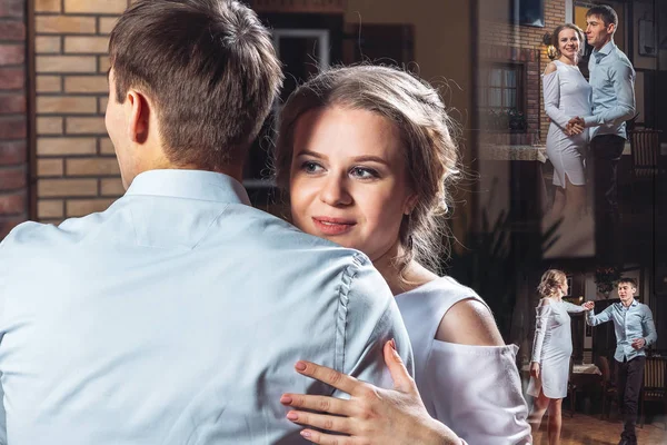 Collage Family Portrait Beautiful Bride Groom Dancing — Stock Photo, Image