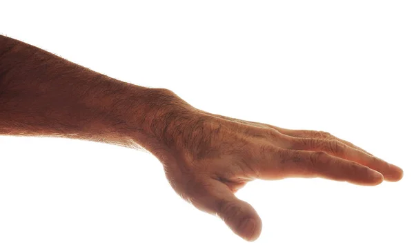 Mannenhand toont open palm. Geïsoleerd op wit — Stockfoto