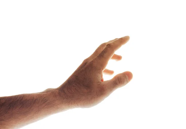 Abgeschnittene Aufnahme Einer Männlichen Hand Die Isoliert Auf Weiß Gestikuliert — Stockfoto