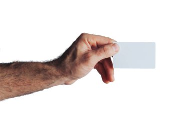 boş kartı üzerinde beyaz izole tutan el kırpılmış atış
