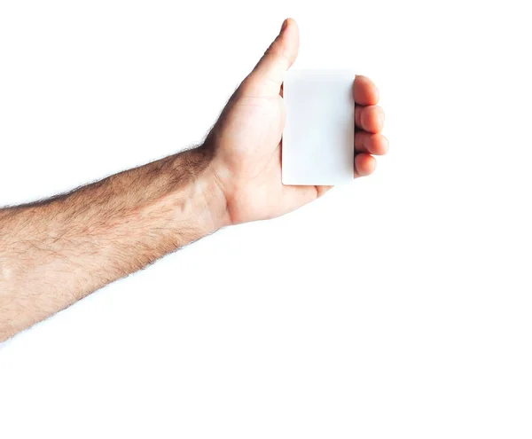 Обрезанный Снимок Руки Пустой Карточкой Изолированной Белом — стоковое фото