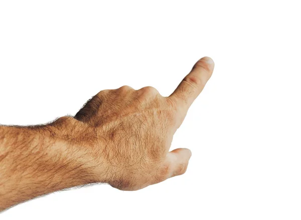 Tiro Cortado Mão Apontando Para Espaço Branco Isolado Branco — Fotografia de Stock