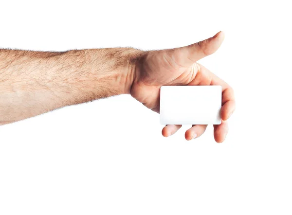 Обрезанный Снимок Мужской Руки Пустой Визиткой Изолированной Белом — стоковое фото