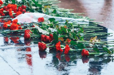 Büyük Ekim Sosyalist devrimin yıldönümü sırasında granit anıt yanında yatan çiçekler 