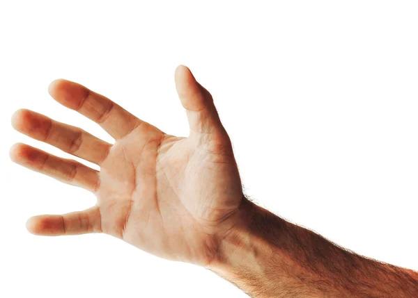Abgeschnittene Aufnahme Einer Männlichen Hand Die Isoliert Auf Weiß Gestikuliert — Stockfoto
