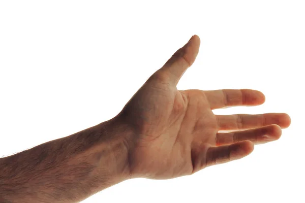 Αρσενική χέρι δείχνει ανοιχτή παλάμη. Απομονωμένα σε λευκό — Φωτογραφία Αρχείου