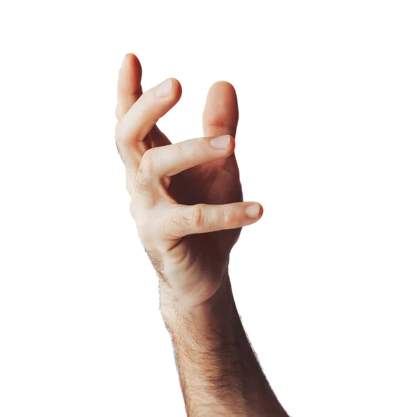 Mão masculina levantada isolada sobre o fundo branco — Fotografia de Stock