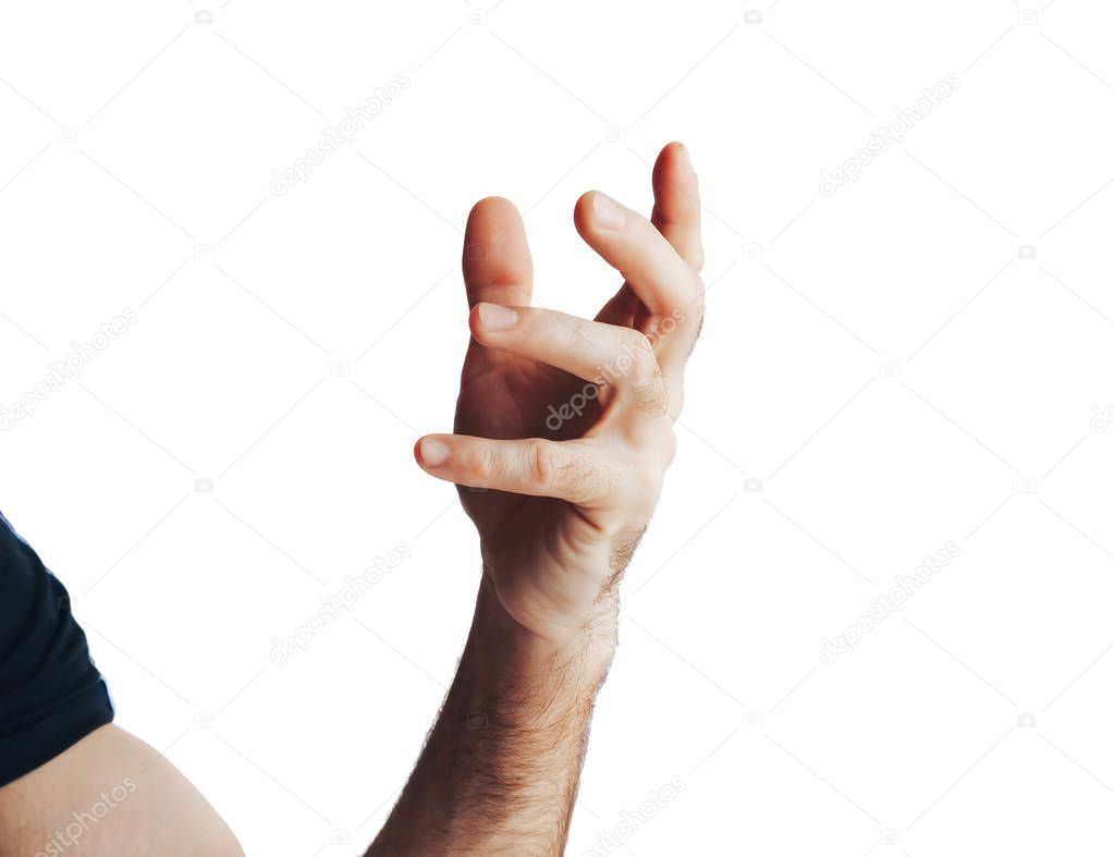 Male hand raised isolated over the white background Close up