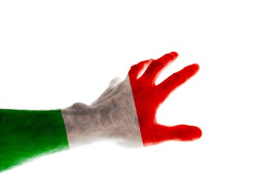 The hand of a mature man painted in the colors of the flag of Italy stretches forward with his fingers spread Image dedicated to the national holiday of Italy Republic Day June 2 Isolated on white background.