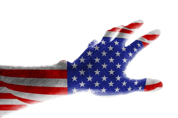 Handen Mogen Man Målade Färgerna Den Amerikanska Flaggan Sträcker Sig — Stockfoto