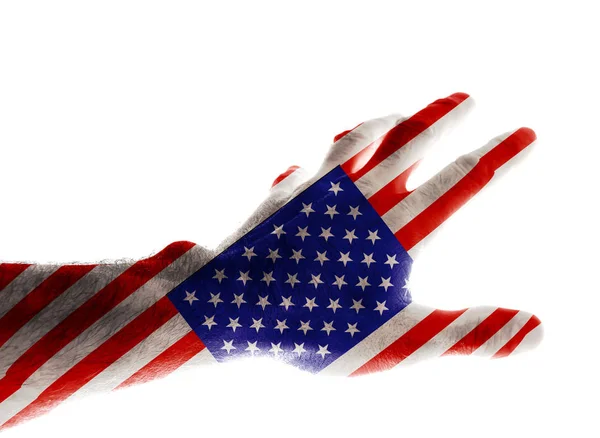 一个成熟男子的手画在国旗的颜色向前伸展 用手指传播图片献给美国国庆日 独立日7月4日孤立在白色背景 — 图库照片
