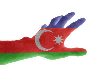 The hand of a mature man painted in the colors of the Azerbaijani flag stretches forward with fingers spread Image dedicated to the day of independence of Azerbaijan on May 28 Isolated on white.