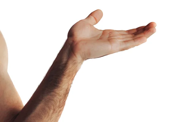 De hand van een sterke volwassen man houdt zijn Palm omhoog — Stockfoto