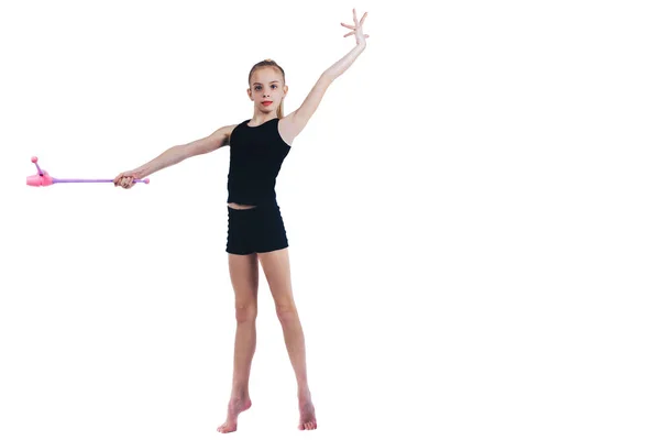 십대 소녀 체조 는 리듬 체조를위한 손 클럽에서 보유 — 스톡 사진