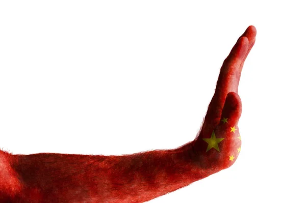 Maschio dipinto a mano nei colori della bandiera della Cina mostra stop — Foto Stock