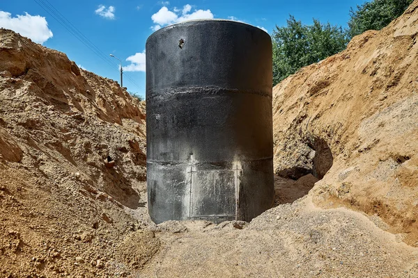 Trench Laying Installation Water Pipes Reinforced Concrete Well Covered Waterproofing — Stock Photo, Image