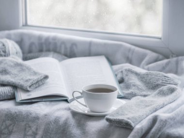 Cozy kış Natürmort: bir fincan sıcak çay ve pencere dışında kar manzara karşı sıcak ekose ile kitap.