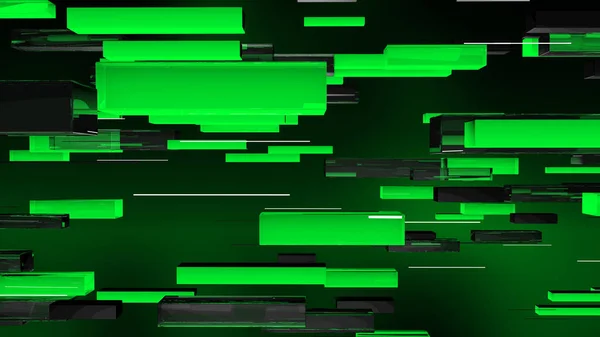 A cheerful 3d illustration of bright green and black horizontal rectangular tubes flying together with white lines in the dark green backdrop. They generate the spirit of hope and luck.