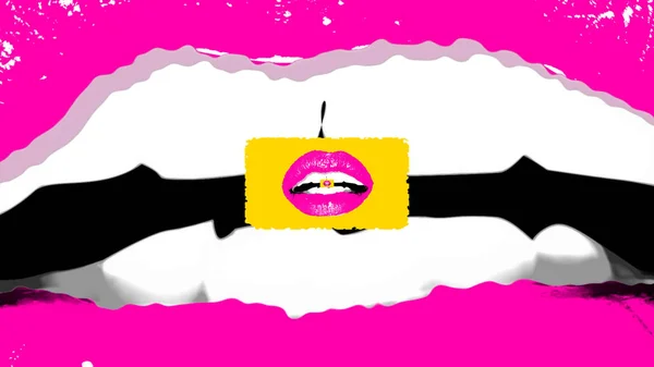 A passionate 3d rendering of a romantic female mouth with well shaped teeth and small rosy lips inside of it in the center of the picture. It looks like a pop art fantasy.