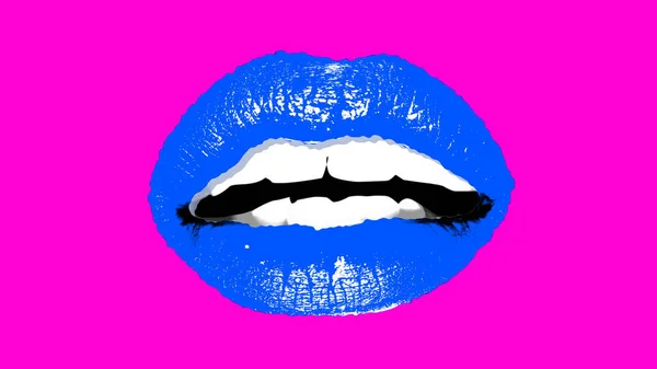 An arty 3d illustration of a romantic female mouth with vivid blue lips and healthy white teeth placed in the center of the pink background. It looks like a show business image.