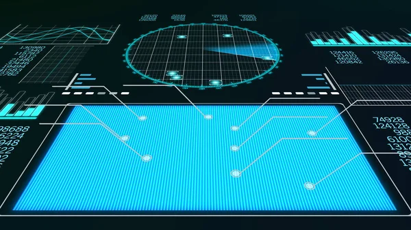 A hi-tech 3d rendering of an airplane scanner with a big blue square and a large round screen placed aslant and covered with pixels, grids and sparkling spots of detected objects.