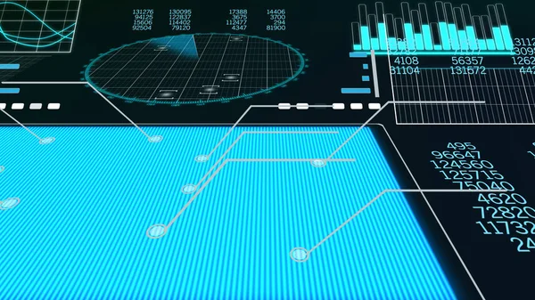 A futuristic 3d rendering of a plane scanner with a blue rectangle, columns of numbers, histograms, sinusoids, bar charts, and a large round screen put aslant with craft spots.