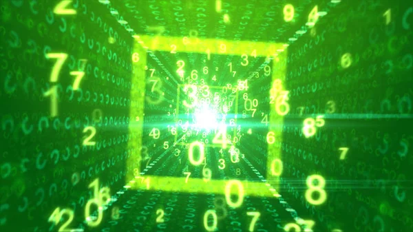 An exciting 3d illustration of flying yellow digits moving through a square portal with a plasma midpoint and rows of dazzling circles and signs in the light green background.