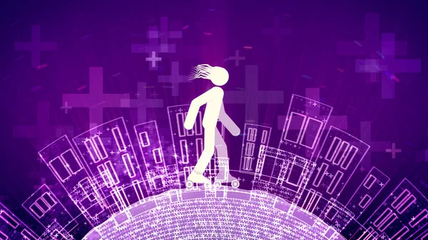A cheerful 3d illustration of an abstract young man with fluttering hair riding white roller skates in the violet backdrop. The land is covered with high houses and see-through crosses.