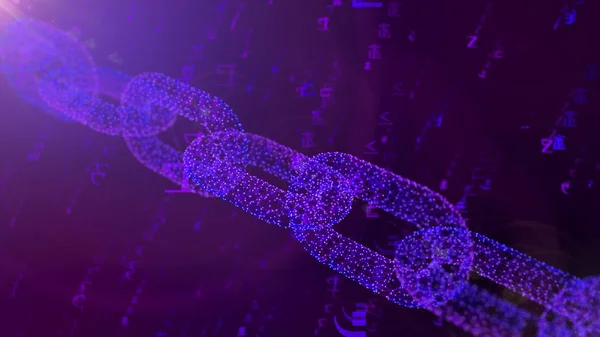 A gorgeous 3d illustration of a massive blue shackle placed askew protecting the cyberspace against the spinning numbers of a programmed matrix in the violet background.