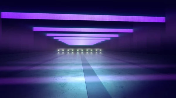 An exciting 3d illustration of violet lighting of a subway tunnel in the dark blue backdrop. The horizontal straight lines and spots shine over a path in an enigmatic way
