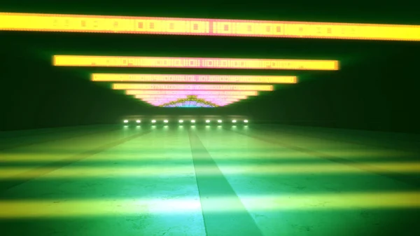 A magnificent 3d illumination of yellow zeroes and ones placed in straight rosy lines illuminating a subway road in the dark green background with shadows and tints