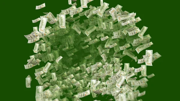 A cheerful 3d illustration of falling American dollars dancing and swirling in the dark green background. They make circles in a happy way and create the mood of joy.