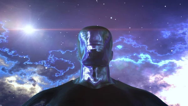 A sci-fi 3d illustration of a biorobot man without eyes and a nose but with radiant metallic face and body. Small asteroids fly behind his back in the black and blue space.