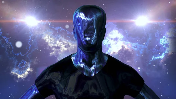 A sci-fi 3d illustration of an android creature without eyes, lips and nose but with sparkling metallic face and body. The black and blue cosmos and two suns are behind him.