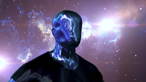 A futuristic 3d illustration of a terminator without eyes, lips and nose but with luminous metallic body. He soars in the black and violet cosmos with shining plasma motions