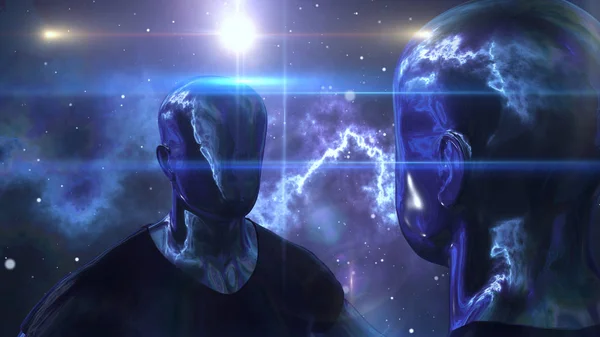 A fantasy 3d illustration of two android men without eyes, lips and nose but in black T-shirts. They stand askew and look at each other in the black and blue space with stars.