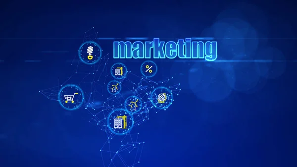 A cheerful 3d illustration of projects bringing marketing success. They look like connected circles in the blue backdrop. They are crypto currency, eco energy, and shopping.