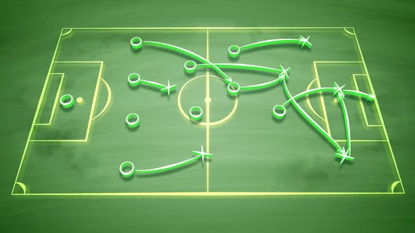 A well-tuned 3d illustration of a soccer field covered with zeroes, crosses and arrows. It shows how the team should give passes to score a goal and to get the victory. It looks great