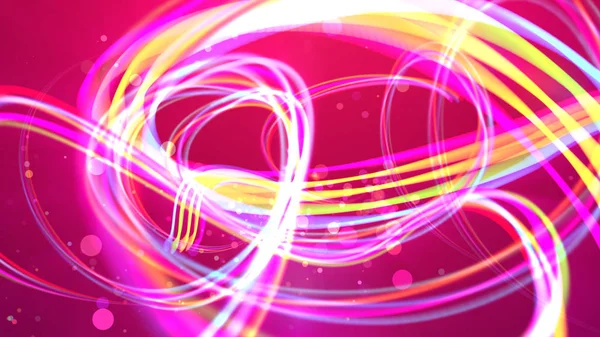 A cheerful 3d illustration of shimmering golden and white strokes whirling and making loops in the purple background. Some airy and see-through bubbles are flying around optimistically.