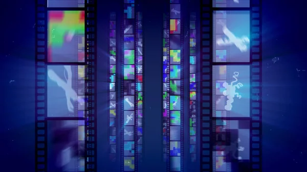 A stunning 3d illustration of vertical film tapes shining like mirrors with multicolored reflections changing each other in the dark blue background. They remind us about 1950s-1990s.